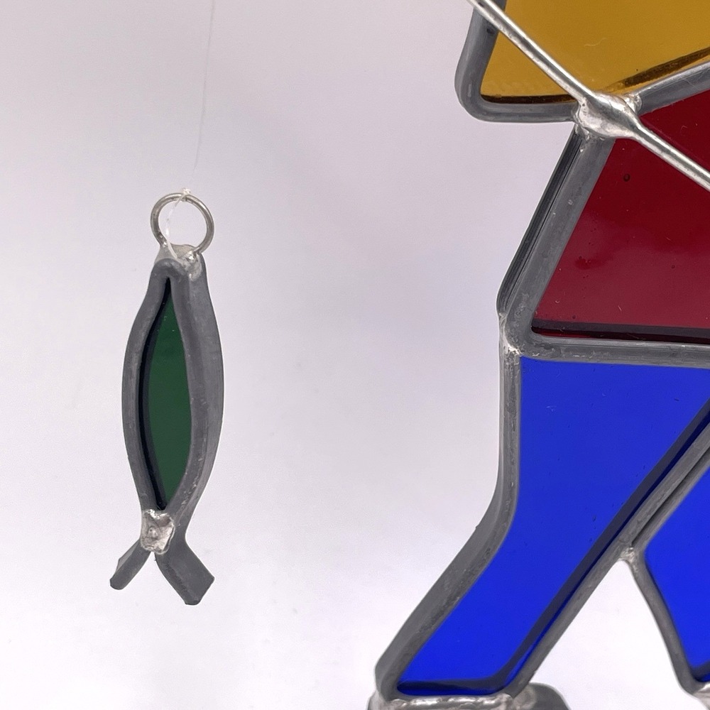 Vintage Stained Glass‎ Suncatcher Fisherman Boy with Fishing Pole Cabin Decor 5" - Picture 2 of 8